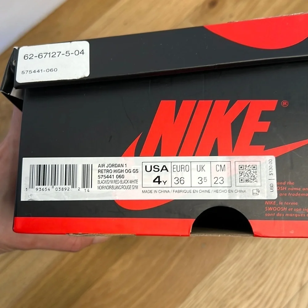Nike Air Jordan 1 Retro High OG Black Gym Red White GS Size 4Y
